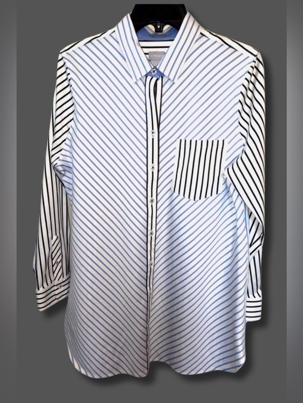 Chico’s No Iron Shirt Size 2 L 12 Blue White Stripe Stretch Tunic Button Front